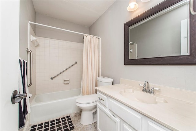 full bathroom with vanity, toilet, shower / bath combination with curtain, and tile patterned floors