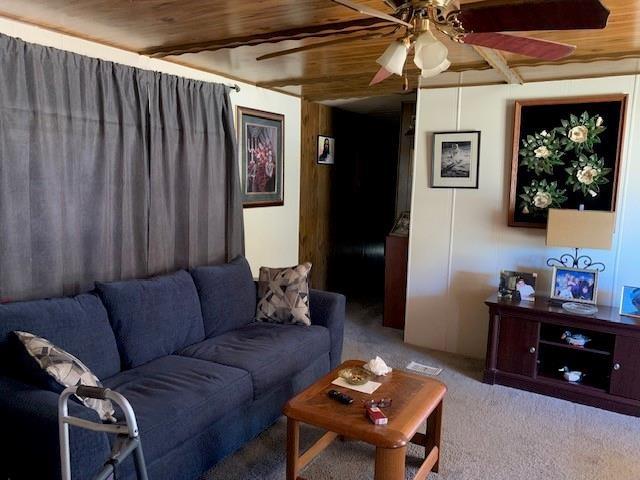 carpeted living room featuring wooden ceiling, beamed ceiling, and ceiling fan