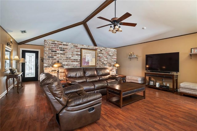 living room with lofted ceiling with beams, ceiling fan, and dark hardwood / wood-style floors