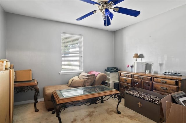 interior space featuring ceiling fan and light carpet