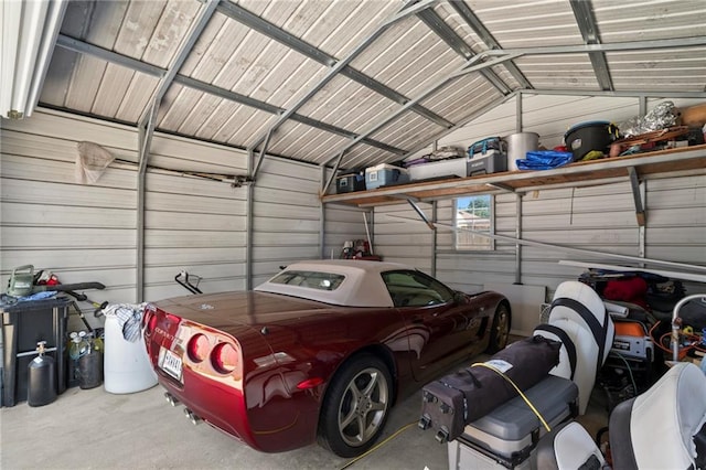 garage with wood walls