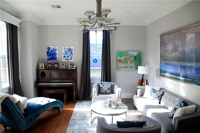 living room featuring ornamental molding and wood-type flooring