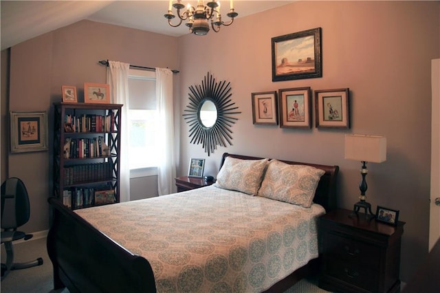 carpeted bedroom with lofted ceiling and a notable chandelier