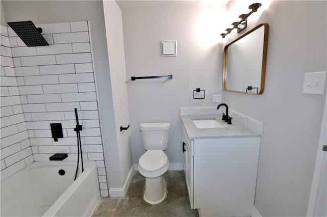 full bathroom featuring vanity, toilet, concrete flooring, and tiled shower / bath