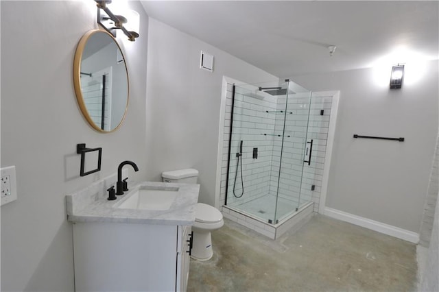 bathroom featuring concrete flooring, vanity, toilet, and walk in shower