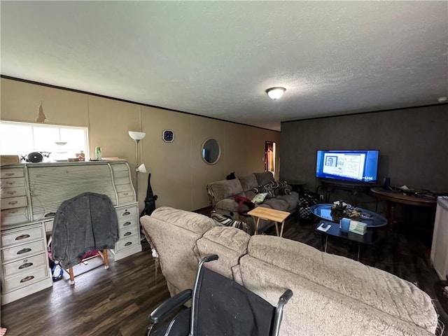 living room with dark hardwood / wood-style floors and a textured ceiling