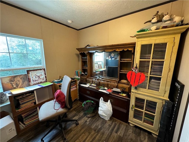 office featuring ornamental molding, dark wood-type flooring, and a textured ceiling