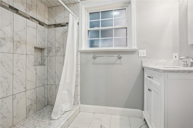 bathroom with vanity and a shower with shower curtain