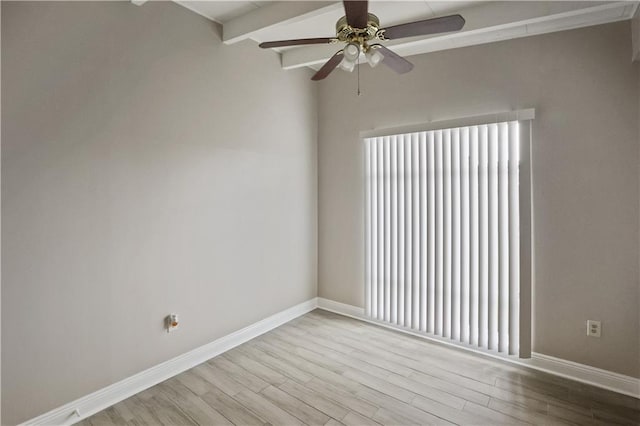 unfurnished room featuring light wood-type flooring, beamed ceiling, and ceiling fan