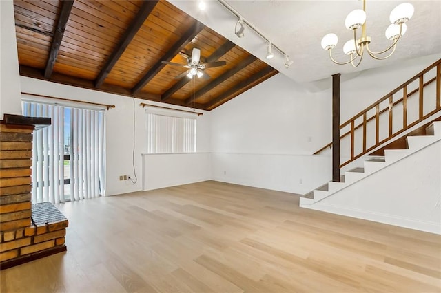 unfurnished living room with ceiling fan with notable chandelier, wooden ceiling, wood-type flooring, vaulted ceiling with beams, and track lighting