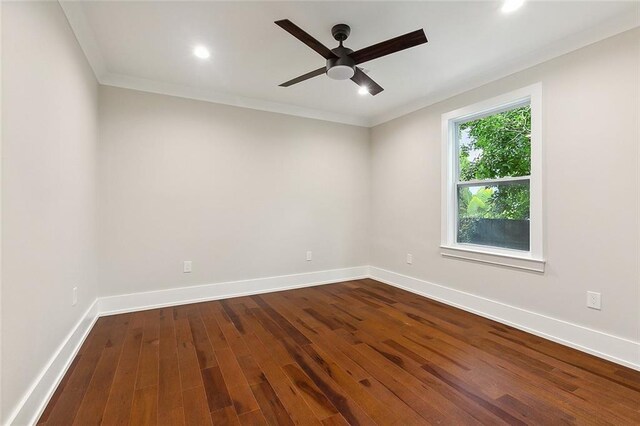 2634 St Ann St, New Orleans, LA 70119 - empty room featuring dark wood-style floors, baseboards, a ceiling fan, crown molding, and recessed lighting