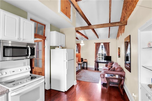 kitchen with white cabinetry, dark hardwood / wood-style flooring, pendant lighting, white appliances, and beam ceiling