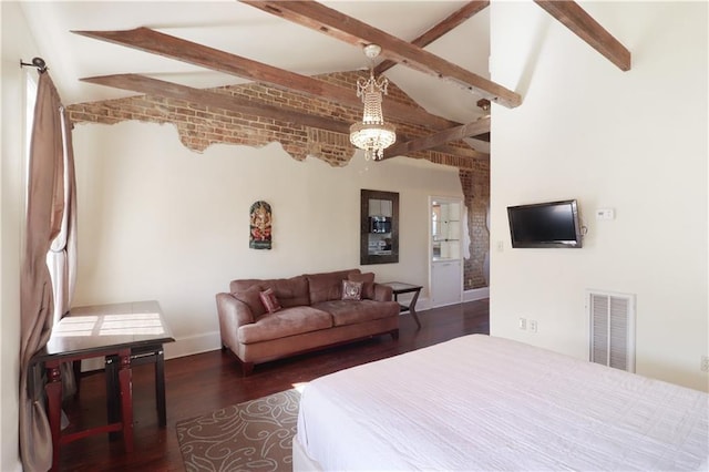 bedroom featuring lofted ceiling with beams, a notable chandelier, and dark hardwood / wood-style flooring