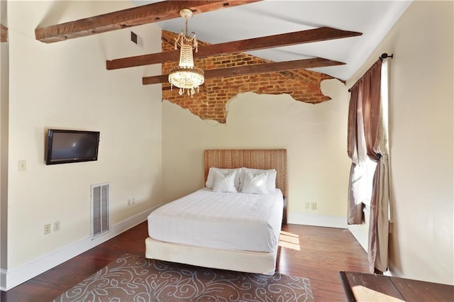 bedroom featuring lofted ceiling with beams, a chandelier, and dark hardwood / wood-style flooring