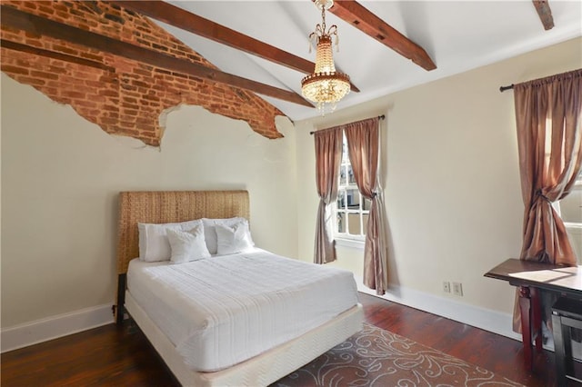 bedroom with dark wood-type flooring, an inviting chandelier, and lofted ceiling with beams