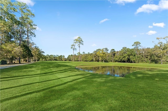 view of community featuring a water view and a lawn