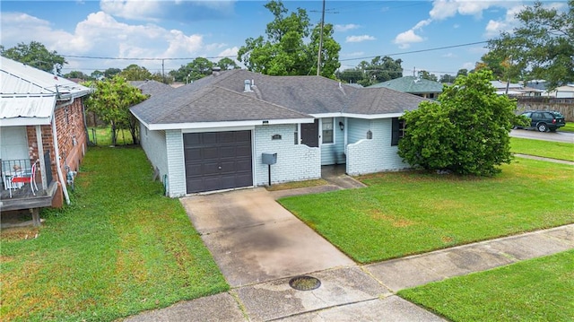 single story home with a garage, driveway, a shingled roof, a front lawn, and brick siding