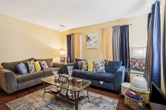 living room with dark wood-type flooring