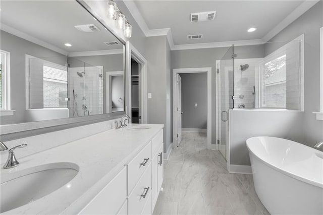 bathroom with plus walk in shower, crown molding, and vanity