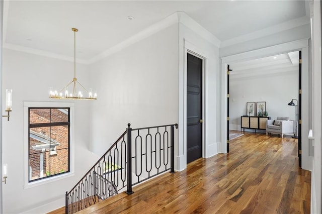 corridor with dark hardwood / wood-style floors, a chandelier, and ornamental molding