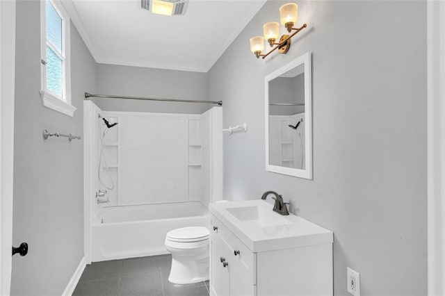 full bathroom featuring toilet, tile patterned floors, crown molding, vanity, and shower / washtub combination