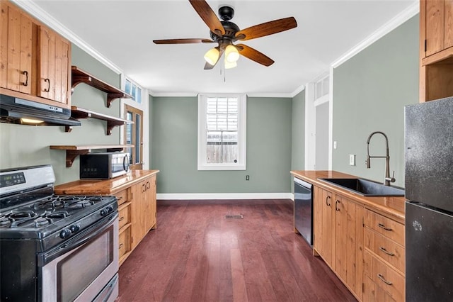 kitchen with exhaust hood, stainless steel appliances, ornamental molding, sink, and ceiling fan