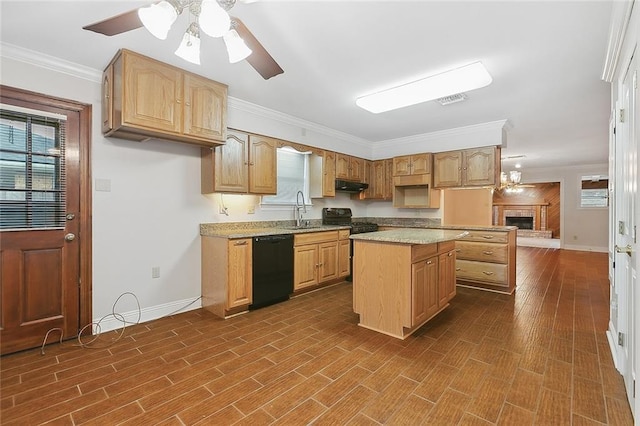 kitchen featuring hardwood / wood-style flooring, a fireplace, crown molding, ceiling fan with notable chandelier, and black appliances