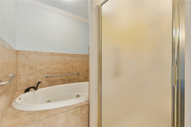 full bath with a jetted tub, a stall shower, and ornamental molding