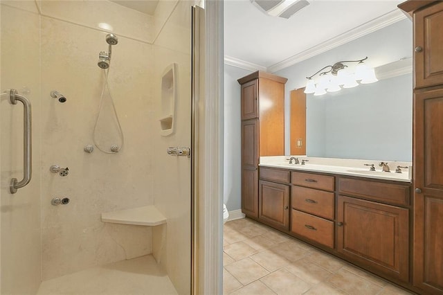 full bathroom with a stall shower, crown molding, a sink, and double vanity