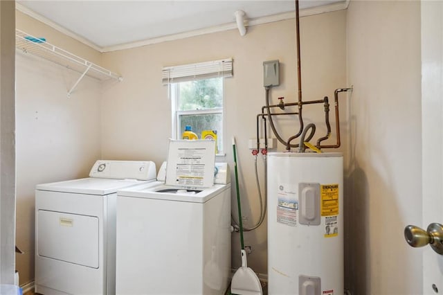 washroom with water heater, crown molding, and washing machine and clothes dryer