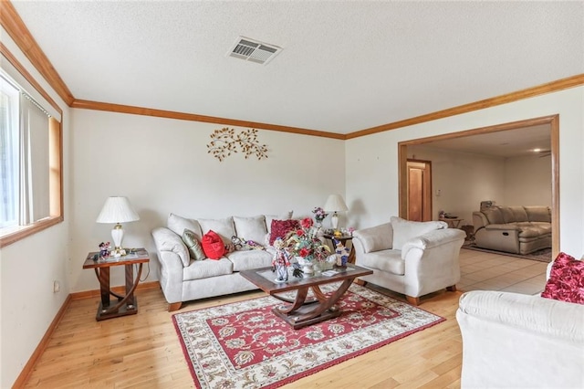 living room featuring crown molding, light hardwood / wood-style flooring, and a textured ceiling