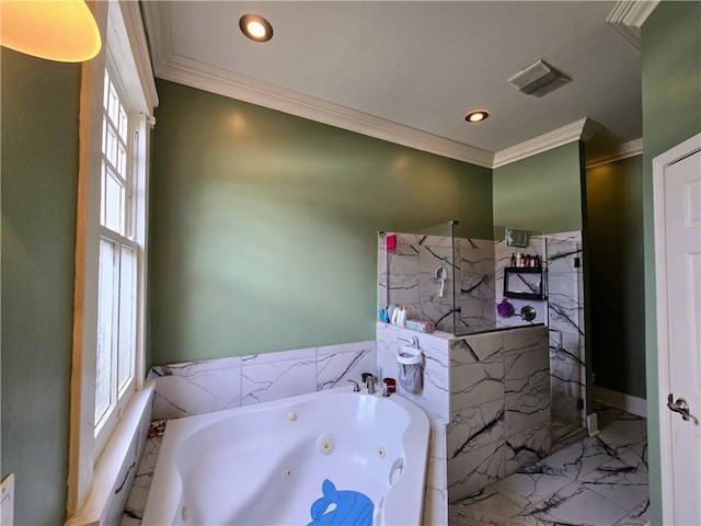 bathroom featuring plus walk in shower, ornamental molding, and tile walls