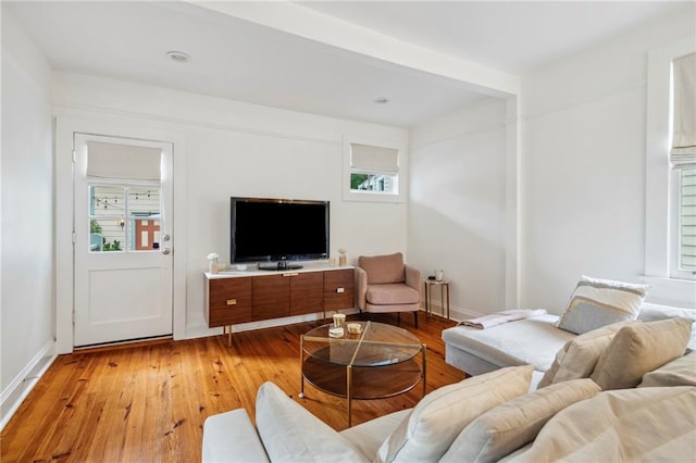 living room with a healthy amount of sunlight and light hardwood / wood-style flooring