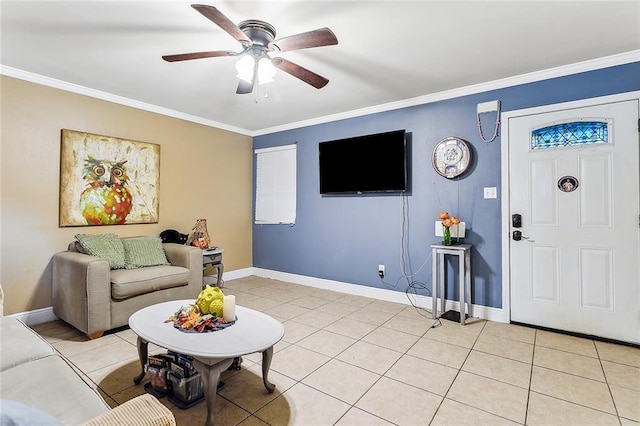 living room with crown molding, light tile patterned flooring, and ceiling fan