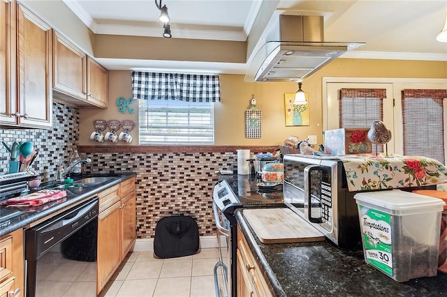 kitchen featuring crown molding, black dishwasher, island range hood, and decorative backsplash