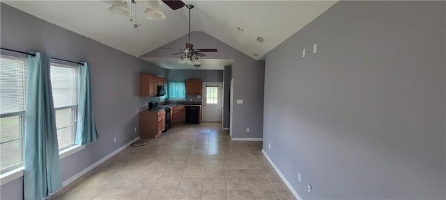 unfurnished living room featuring ceiling fan, sink, vaulted ceiling, and light tile patterned flooring