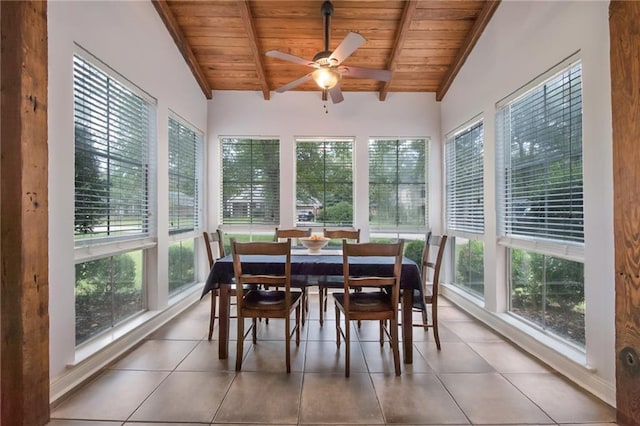 sunroom with vaulted ceiling with beams, a healthy amount of sunlight, and wooden ceiling