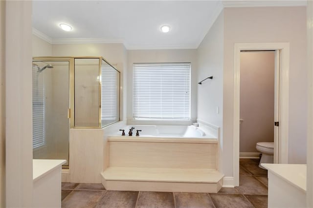 full bathroom featuring toilet, separate shower and tub, ornamental molding, vanity, and tile patterned flooring