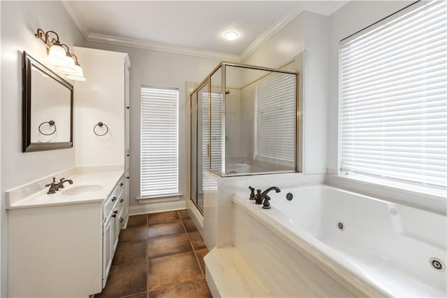 bathroom with vanity, ornamental molding, and shower with separate bathtub