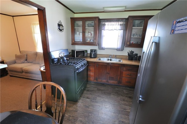 kitchen with dark wood-type flooring, appliances with stainless steel finishes, crown molding, and sink