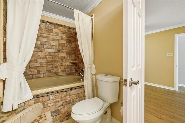 bathroom with shower / bathtub combination with curtain, ornamental molding, a textured ceiling, toilet, and hardwood / wood-style flooring