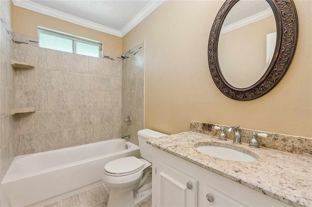 full bathroom featuring vanity, toilet, tiled shower / bath, and crown molding