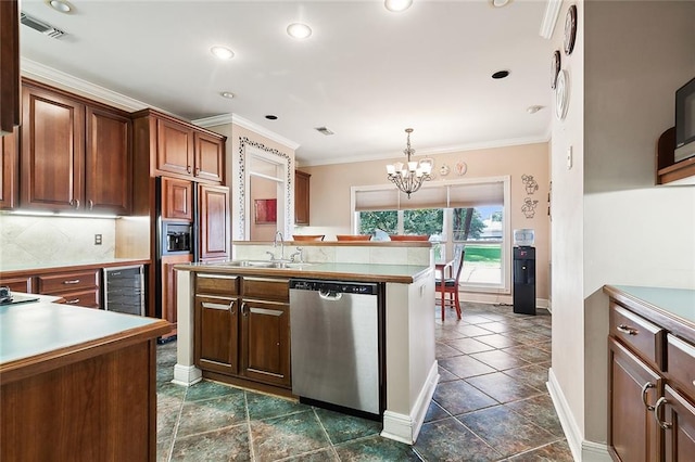 kitchen with ornamental molding, stainless steel dishwasher, sink, and a notable chandelier