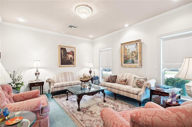 living room featuring crown molding and light colored carpet