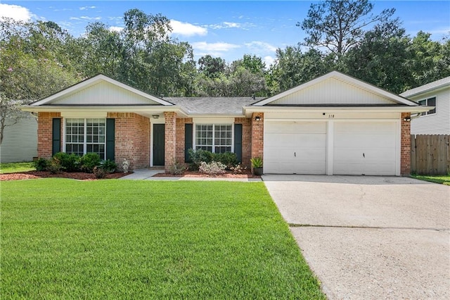 single story home with a front yard and a garage