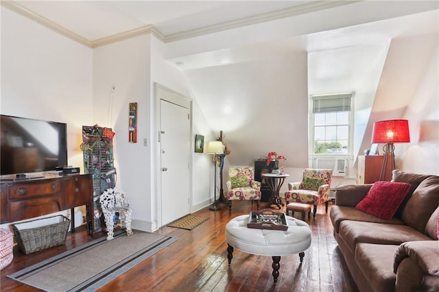 living room with crown molding, lofted ceiling, and hardwood / wood-style flooring