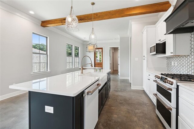 kitchen with a kitchen island with sink, pendant lighting, decorative backsplash, wall chimney exhaust hood, and appliances with stainless steel finishes