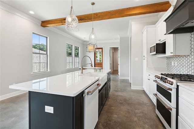 kitchen featuring white appliances, tasteful backsplash, custom range hood, concrete floors, and beam ceiling