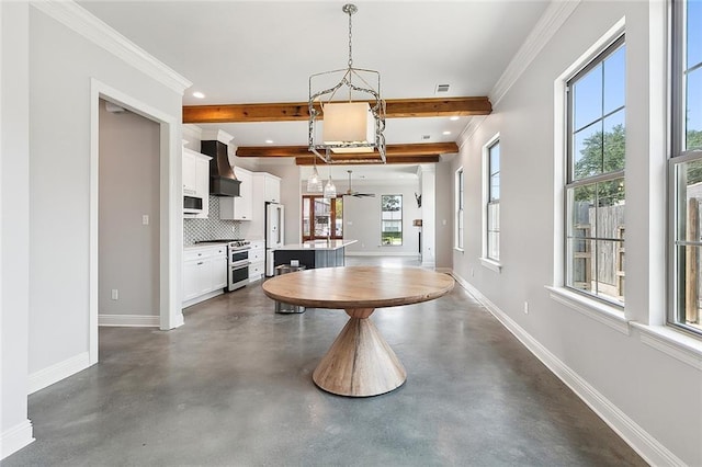 dining space featuring concrete floors, recessed lighting, beam ceiling, and baseboards