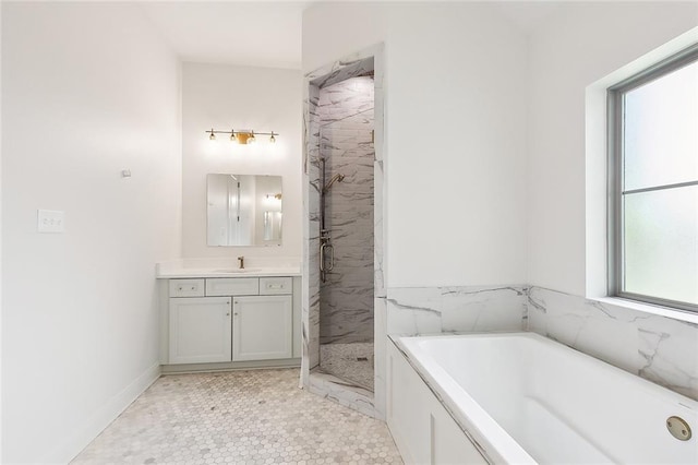 bathroom with vanity, a marble finish shower, and a bath